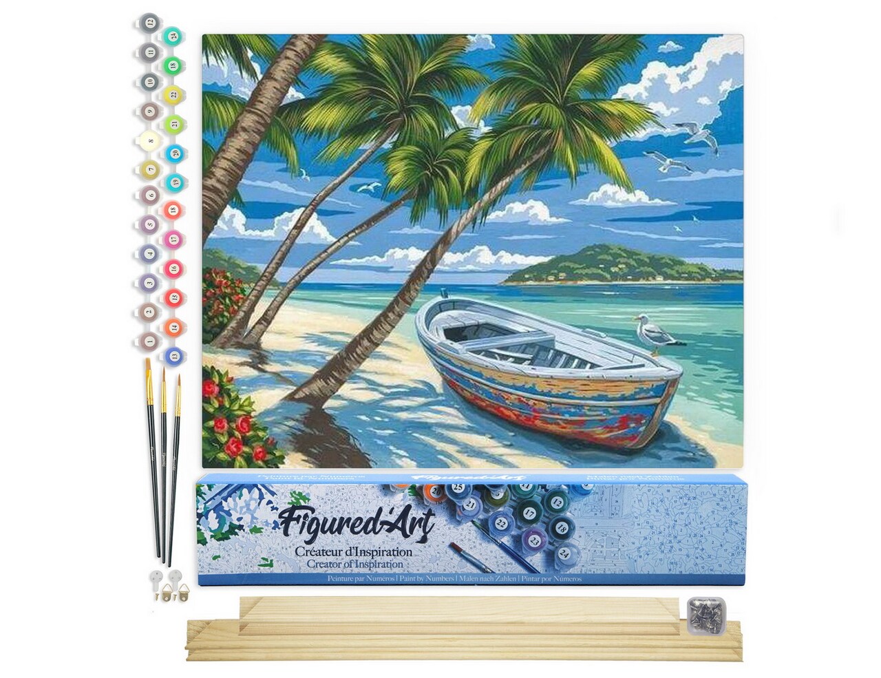 Figured'Art Paint by Numbers for Adults Boat under the Coconut trees 16"x20" - Craft Art Painting Rolled Canvas with DIY wooden frame